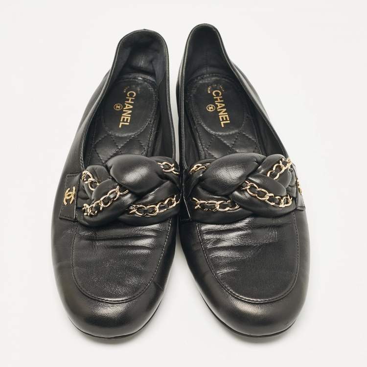 Pre Owned Chanel Black Leather Interlocking Chain Link Loafers Size 38.5