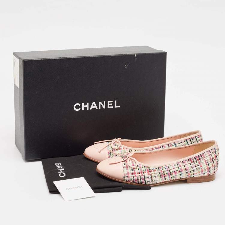Pre Owned Chanel Multicolor Tweed and Leather CC Cap Toe Bow Ballet Flats Size 36