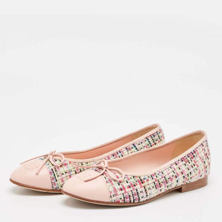 Pre Owned Chanel Multicolor Tweed and Leather CC Cap Toe Bow Ballet Flats Size 36