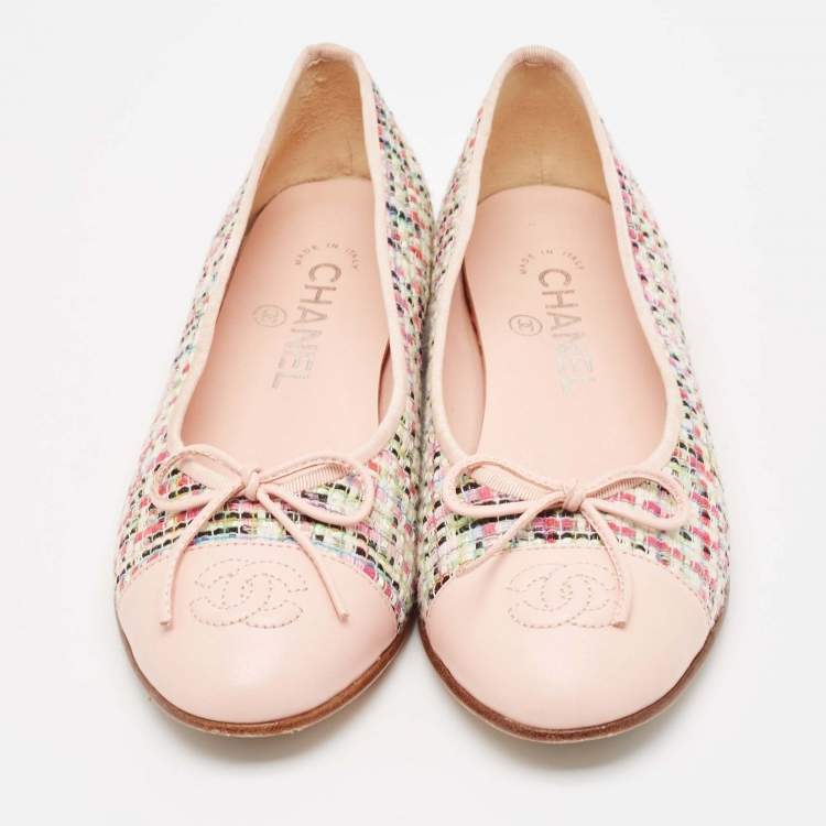 Pre Owned Chanel Multicolor Tweed and Leather CC Cap Toe Bow Ballet Flats Size 36