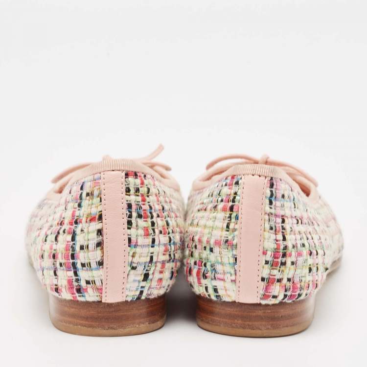 Pre Owned Chanel Multicolor Tweed and Leather CC Cap Toe Bow Ballet Flats Size 36
