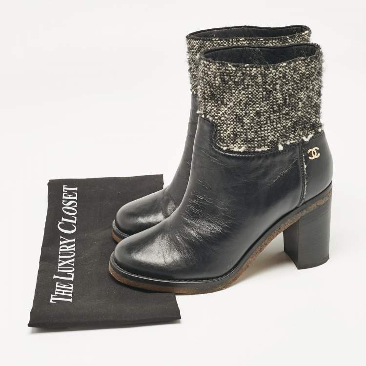 Pre Owned Chanel Black Leather and Tweed Ankle Length Boots Size 38.5