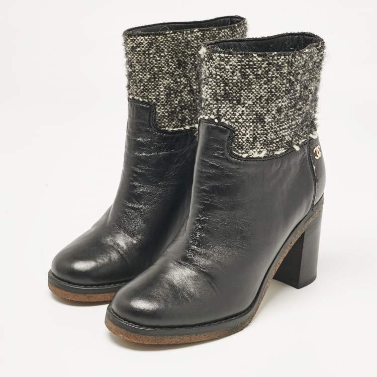 Pre Owned Chanel Black Leather and Tweed Ankle Length Boots Size 38.5