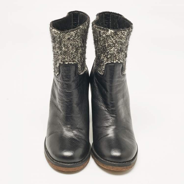 Pre Owned Chanel Black Leather and Tweed Ankle Length Boots Size 38.5