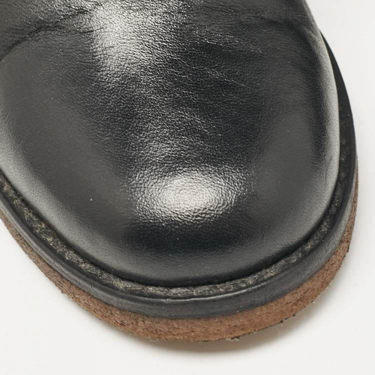 Pre Owned Chanel Black Leather and Tweed Ankle Length Boots Size 38.5