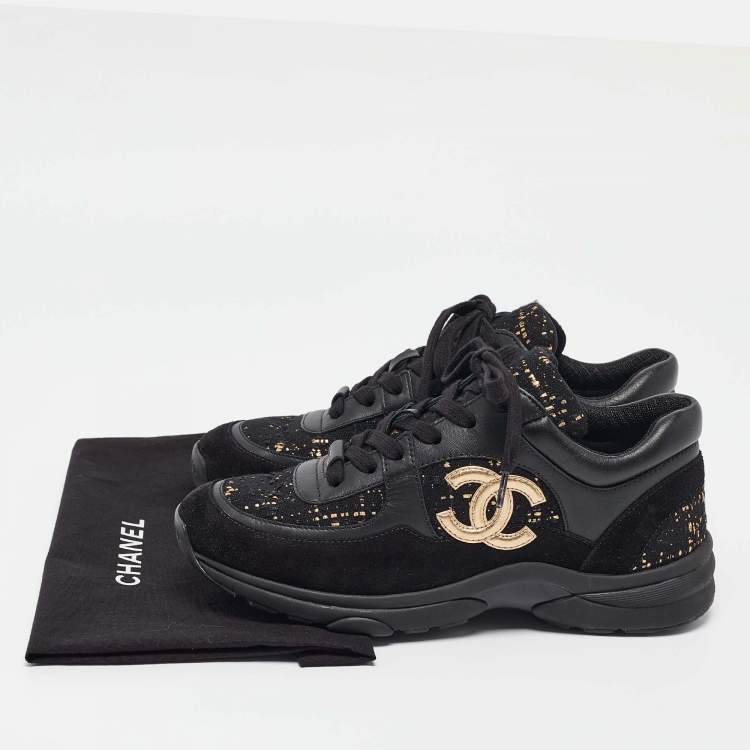 Pre Owned Chanel Black Leather and Suede Lace Up Sneakers Size 38