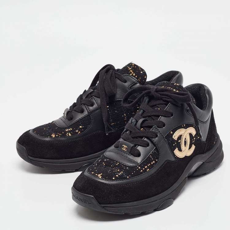 Pre Owned Chanel Black Leather and Suede Lace Up Sneakers Size 38