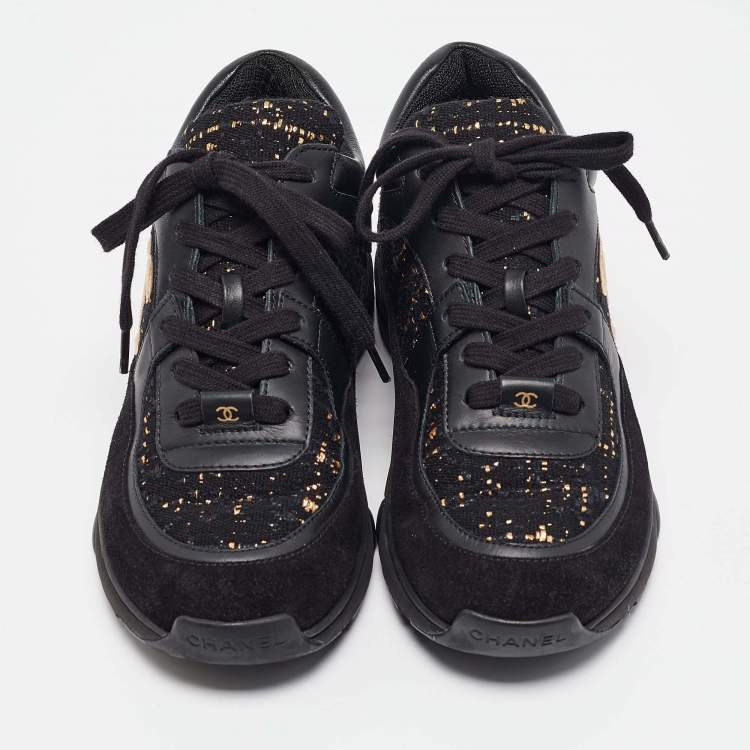 Pre Owned Chanel Black Leather and Suede Lace Up Sneakers Size 38