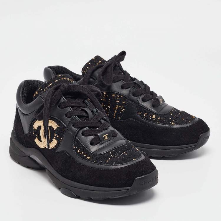Pre Owned Chanel Black Leather and Suede Lace Up Sneakers Size 38
