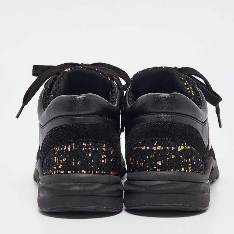 Pre Owned Chanel Black Leather and Suede Lace Up Sneakers Size 38