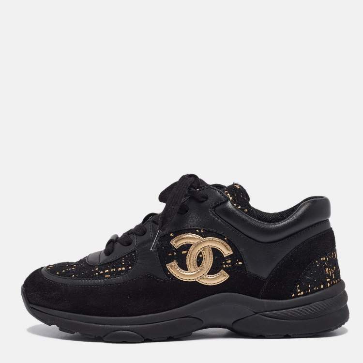 Pre Owned Chanel Black Leather and Suede Lace Up Sneakers Size 38