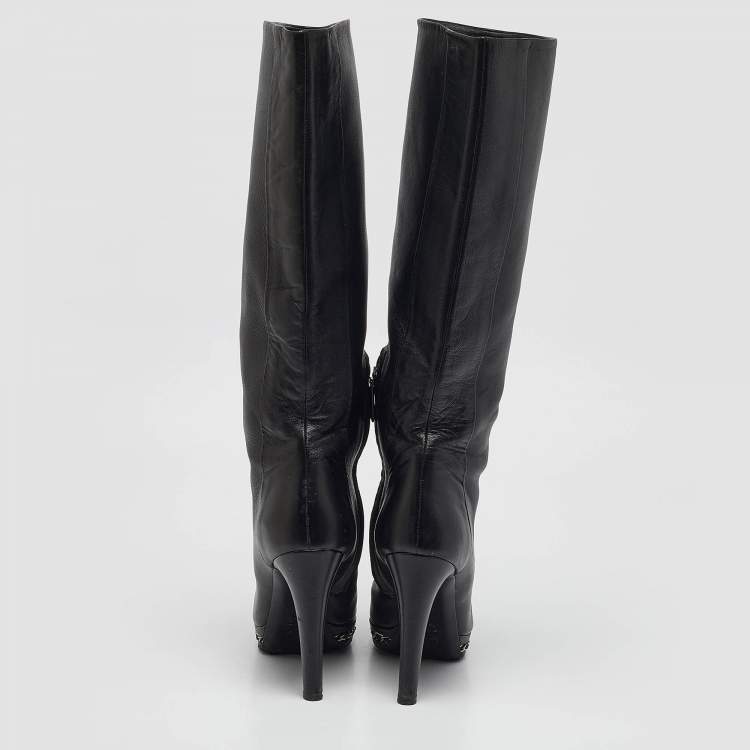 Pre Owned Chanel Black Leather Chain Detail Cap Toe Mid Length Boots Size 38.5