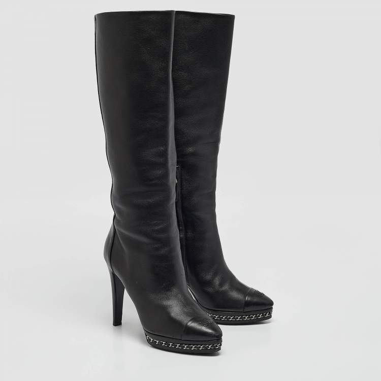 Pre Owned Chanel Black Leather Chain Detail Cap Toe Mid Length Boots Size 38.5