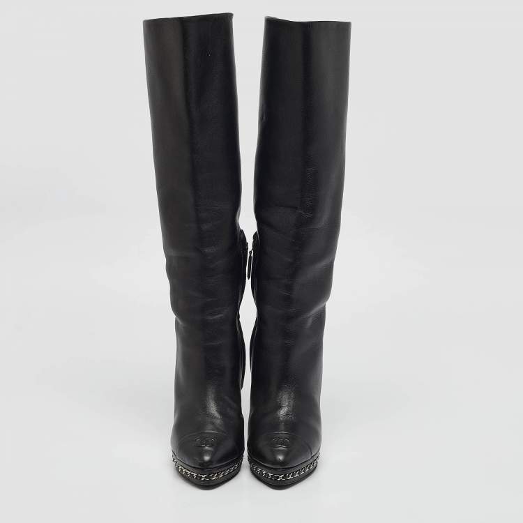 Pre Owned Chanel Black Leather Chain Detail Cap Toe Mid Length Boots Size 38.5
