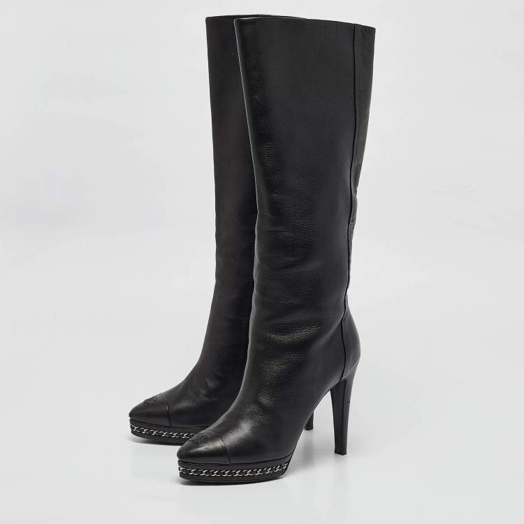 Pre Owned Chanel Black Leather Chain Detail Cap Toe Mid Length Boots Size 38.5