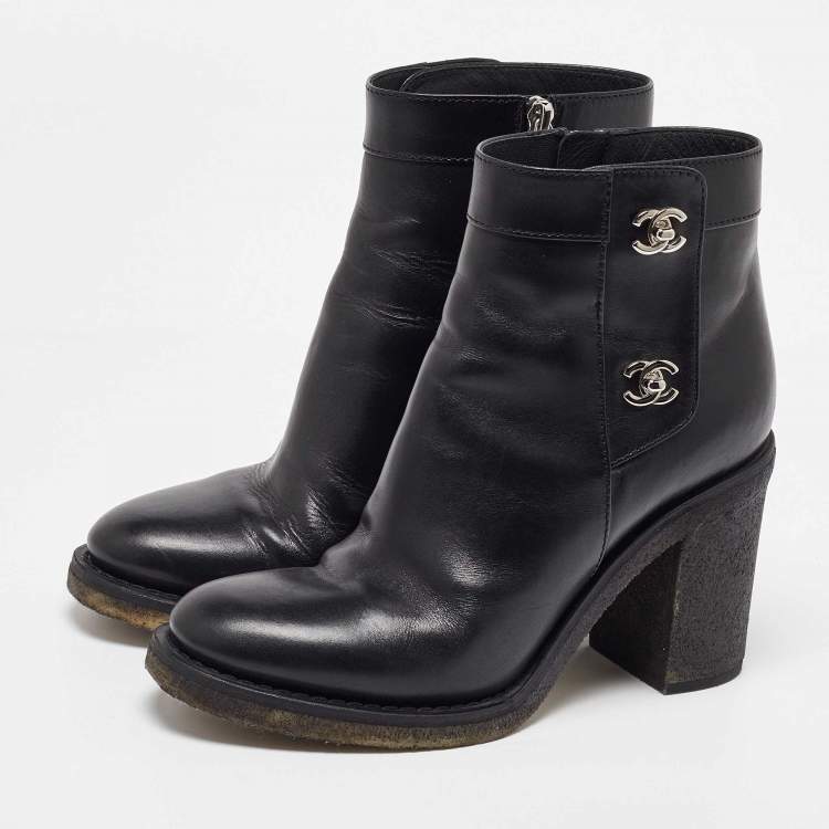 Pre Owned Chanel Black Leather CC Turn-Lock Block Heel Ankle Boots Size 38