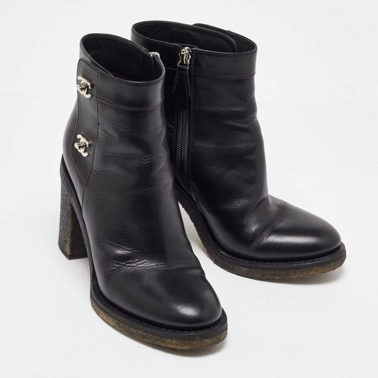 Pre Owned Chanel Black Leather CC Turn-Lock Block Heel Ankle Boots Size 38