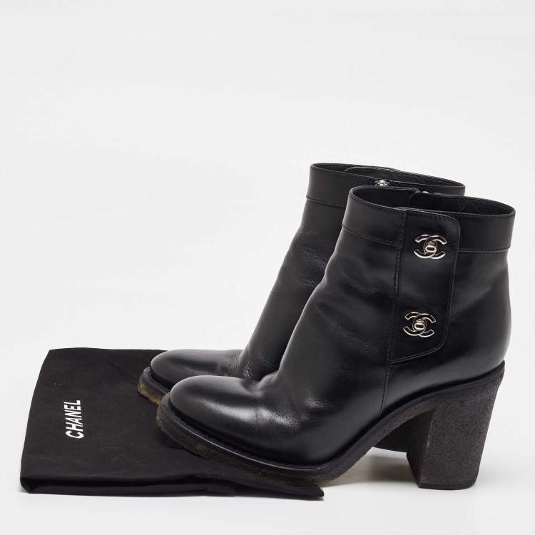 Pre Owned Chanel Black Leather CC Turn-Lock Block Heel Ankle Boots Size 38