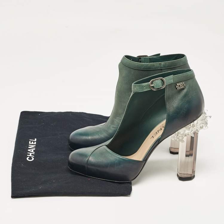 Pre Owned Chanel Two Tone Leather Crystal Heel D'orsay Ankle Strap Pumps Size 39