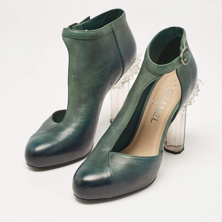 Pre Owned Chanel Two Tone Leather Crystal Heel D'orsay Ankle Strap Pumps Size 39