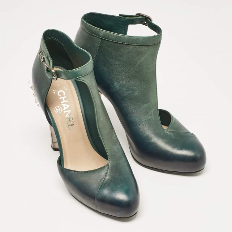 Pre Owned Chanel Two Tone Leather Crystal Heel D'orsay Ankle Strap Pumps Size 39