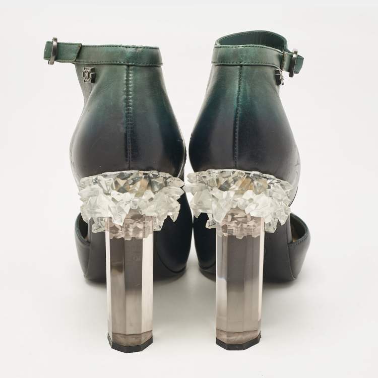Pre Owned Chanel Two Tone Leather Crystal Heel D'orsay Ankle Strap Pumps Size 39