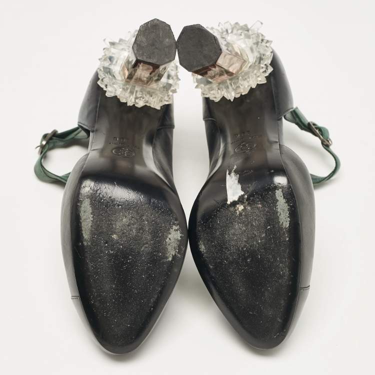 Pre Owned Chanel Two Tone Leather Crystal Heel D'orsay Ankle Strap Pumps Size 39