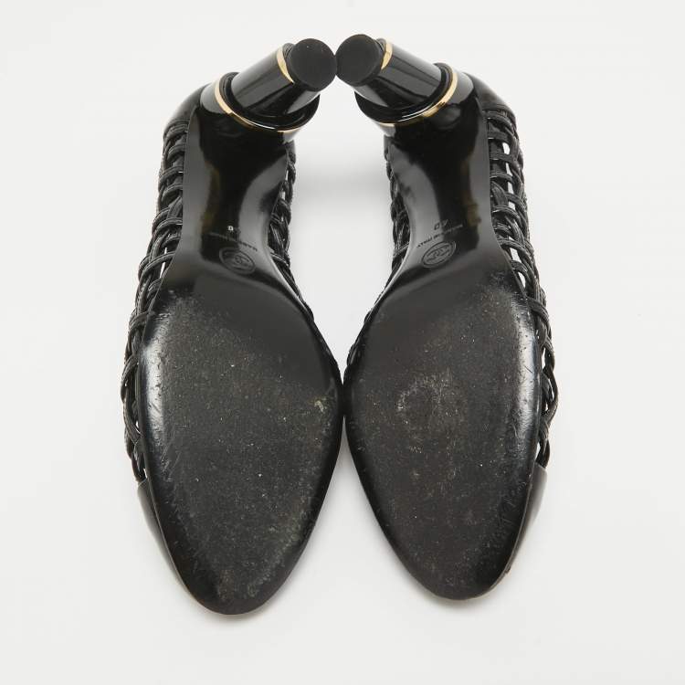 Pre Owned Chanel Black Patent Leather CC Cap Toe Caged Pumps Size 40