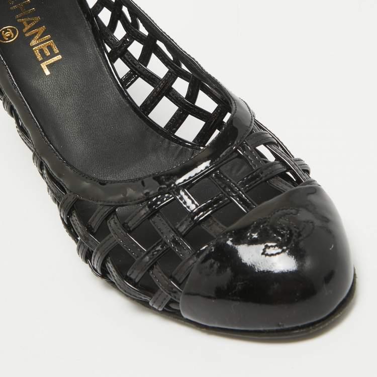 Pre Owned Chanel Black Patent Leather CC Cap Toe Caged Pumps Size 40