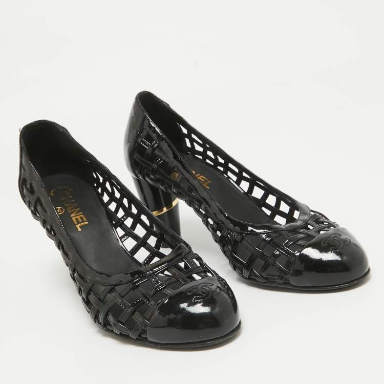 Pre Owned Chanel Black Patent Leather CC Cap Toe Caged Pumps Size 40