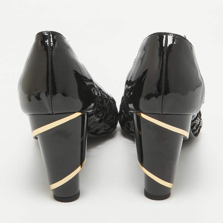 Pre Owned Chanel Black Patent Leather CC Cap Toe Caged Pumps Size 40