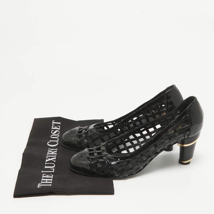 Pre Owned Chanel Black Patent Leather CC Cap Toe Caged Pumps Size 40