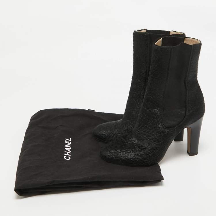 Pre Owned Chanel Black Calf Hair CC Ankle Boots Size 37