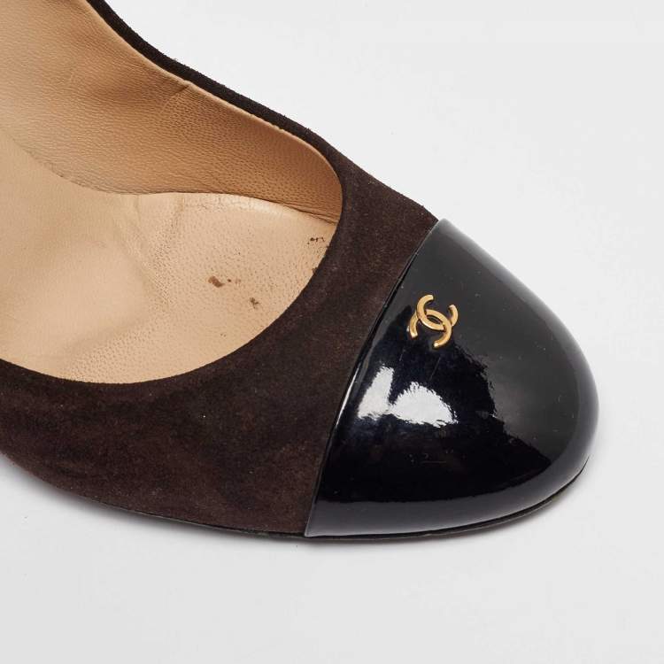 Pre Owned Chanel Brown/Black Suede and Patent Leather CC Cap Toe Pumps Size 40