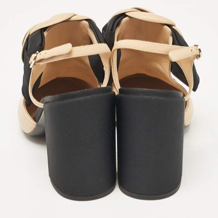 Pre Owned Chanel Beige/Black Leather Block Heel Slingback Pumps Size 39