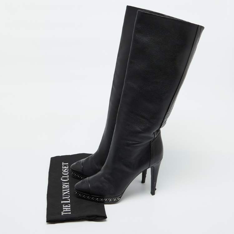 Pre Owned Chanel Black Leather CC Chain Link Platform Knee Length Boots Size 39