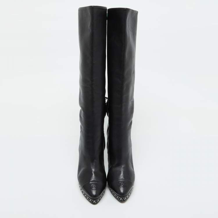 Pre Owned Chanel Black Leather CC Chain Link Platform Knee Length Boots Size 39