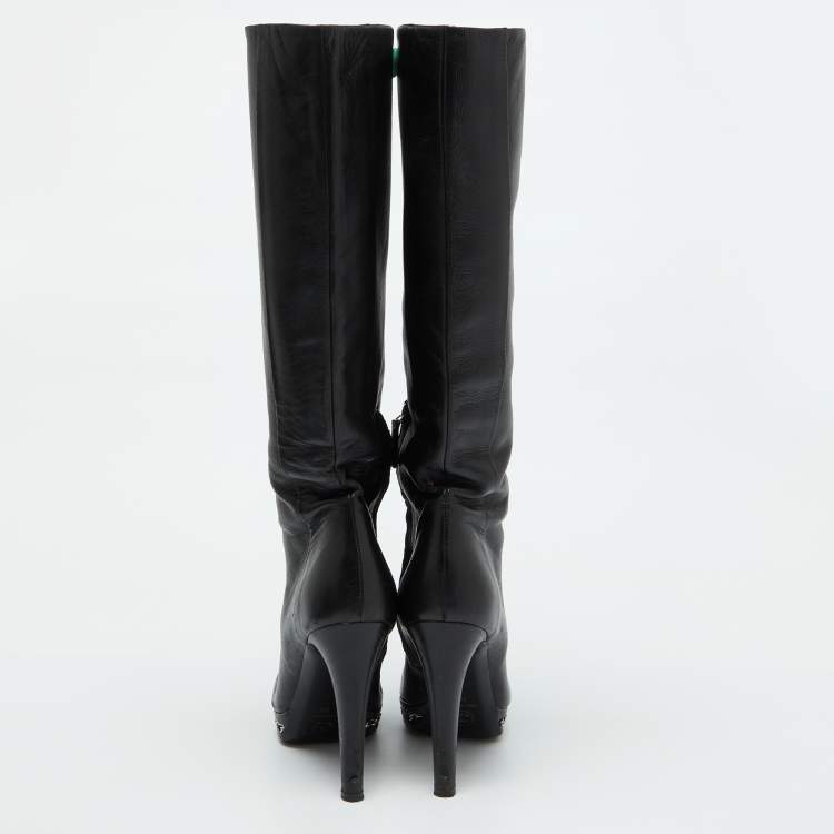 Pre Owned Chanel Black Leather CC Chain Link Platform Knee Length Boots Size 39