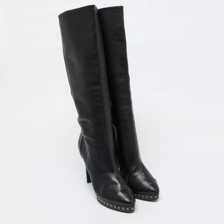 Pre Owned Chanel Black Leather CC Chain Link Platform Knee Length Boots Size 39