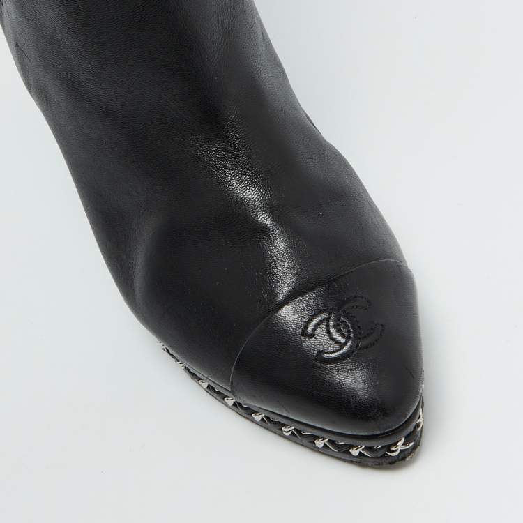 Pre Owned Chanel Black Leather CC Chain Link Platform Knee Length Boots Size 39