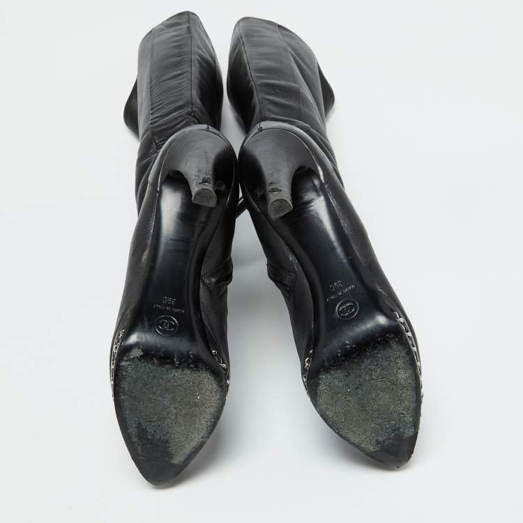 Pre Owned Chanel Black Leather CC Chain Link Platform Knee Length Boots Size 39