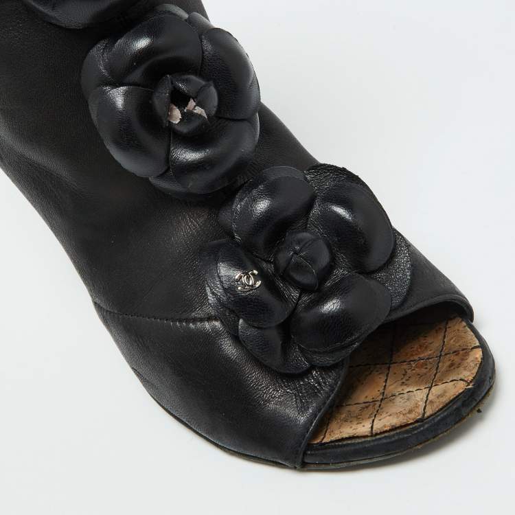 Pre Owned Chanel Black Leather CC Camellia Ankle Cork Wedge Boots Size 39