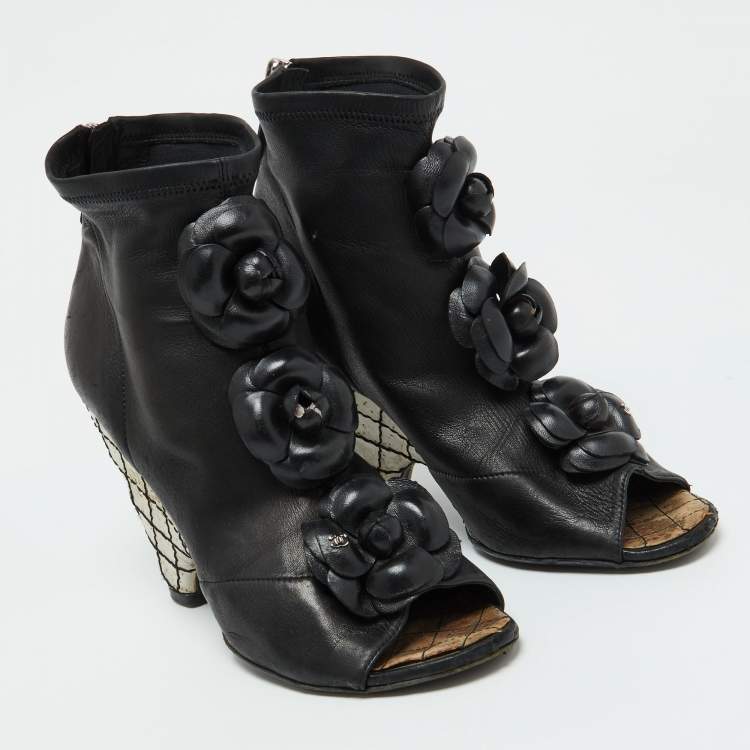 Pre Owned Chanel Black Leather CC Camellia Ankle Cork Wedge Boots Size 39