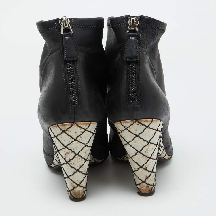 Pre Owned Chanel Black Leather CC Camellia Ankle Cork Wedge Boots Size 39