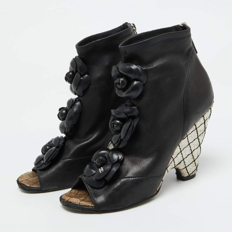 Pre Owned Chanel Black Leather CC Camellia Ankle Cork Wedge Boots Size 39