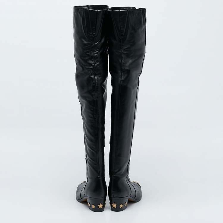 Pre Owned Chanel Black Leather Paris Dallas Metal Cap Toe Over The Knee Boots Size 40