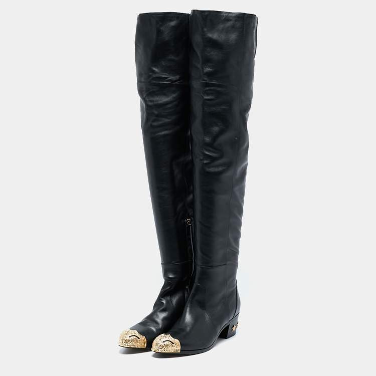 Pre Owned Chanel Black Leather Paris Dallas Metal Cap Toe Over The Knee Boots Size 40
