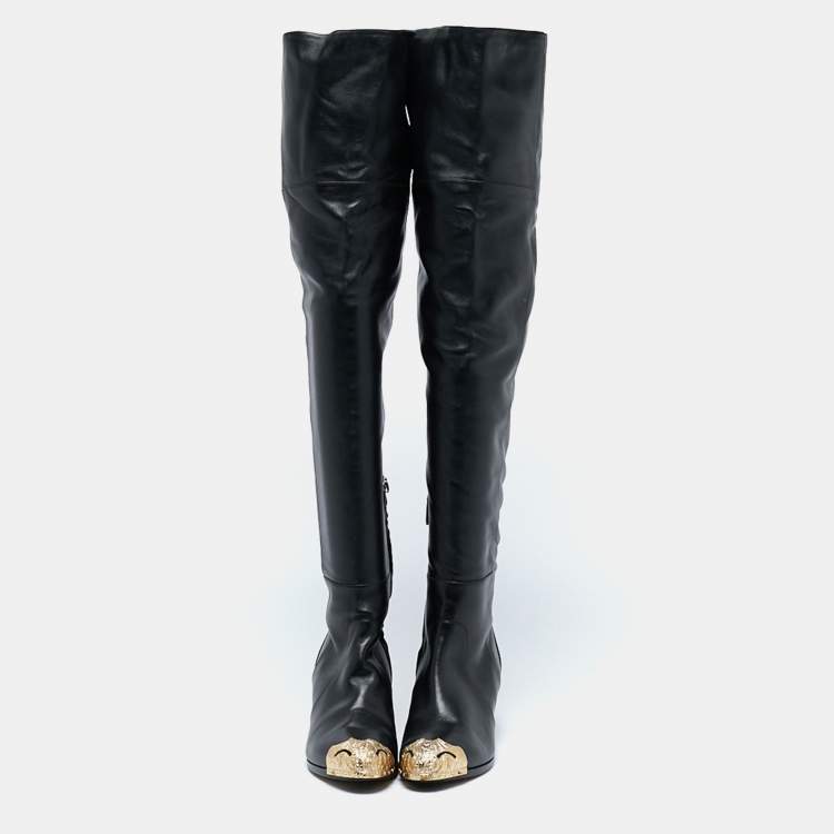 Pre Owned Chanel Black Leather Paris Dallas Metal Cap Toe Over The Knee Boots Size 40