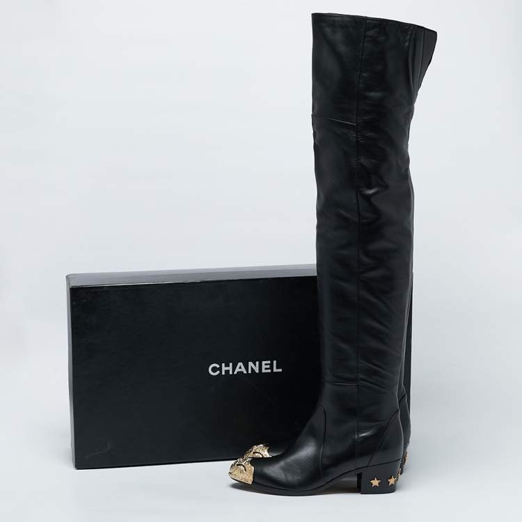 Pre Owned Chanel Black Leather Paris Dallas Metal Cap Toe Over The Knee Boots Size 40