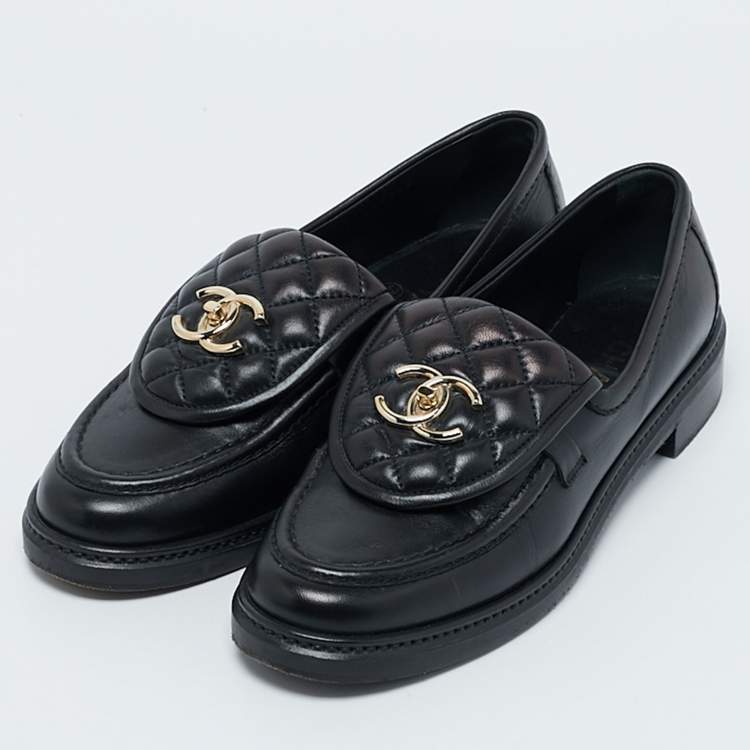 Chanel Black Quilted Leather CC Turnlock Slip On Loafers